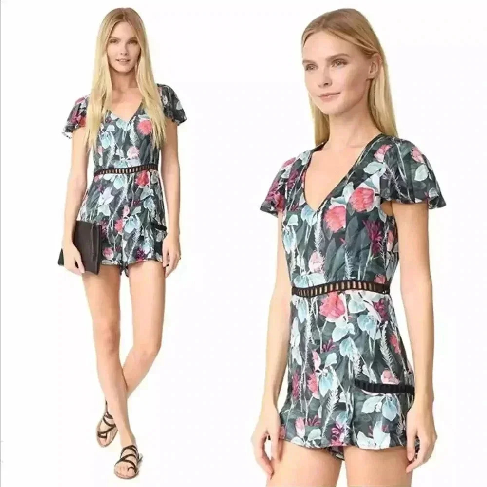 MINKPINK Floral V-Neck Cutout Waist Romper in Green & Pink